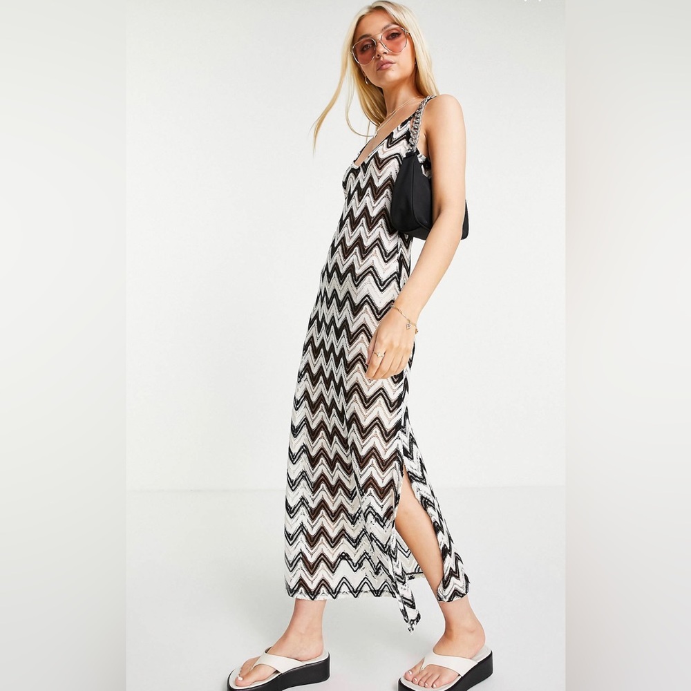 Knit chevron crochet look Missoni look a like maxi dress size L sheer blk & wht